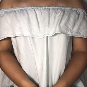 light blue off the shoulder blouse